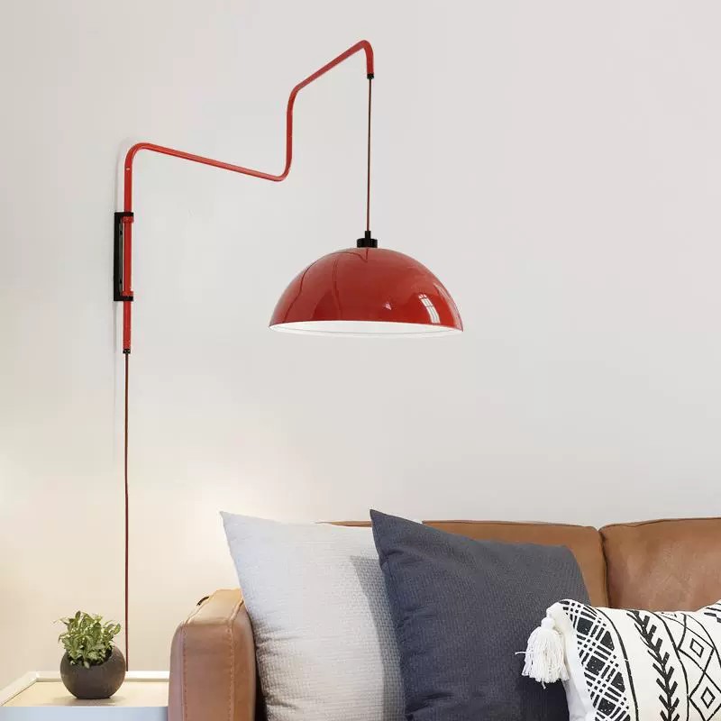 红色摇臂吊灯侘寂风客厅墙壁卧室床头餐厅免接线款折叠可伸缩壁灯